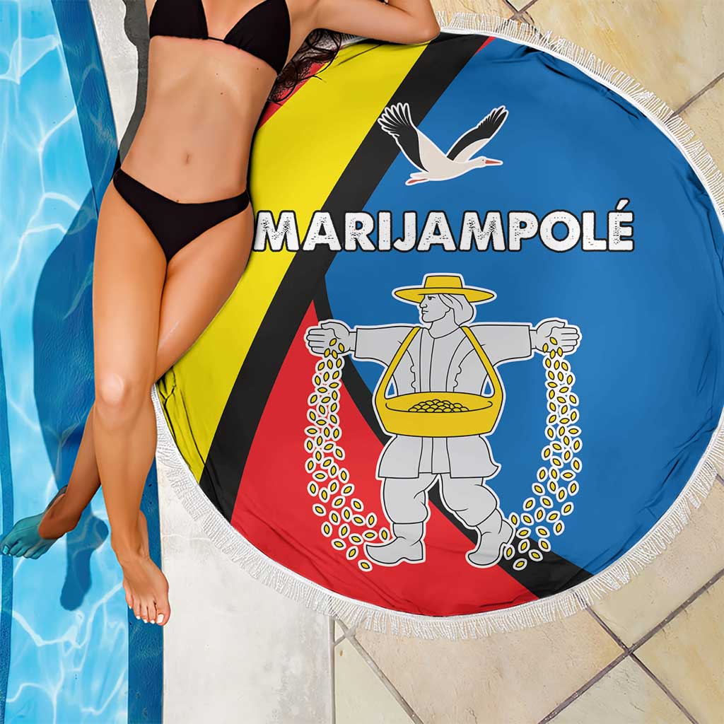 Round Marijampole County beach blanket with fringe and multicolor print
