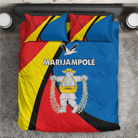 Bedding set with Marijampole graphic in red, blue, yellow, and black