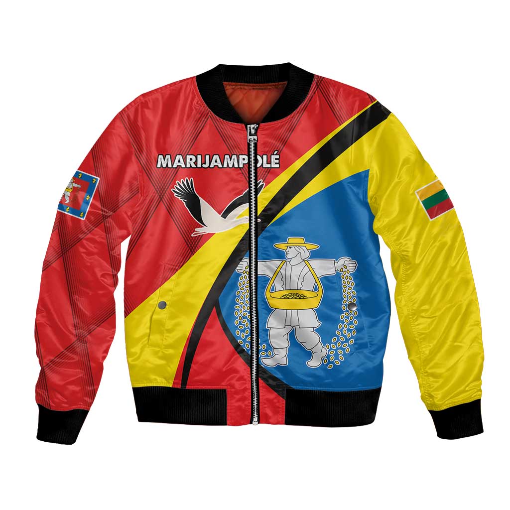 Unisex bomber jacket, red yellow blue panel print with zip and black ribbed cuffs