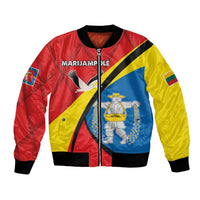 Unisex bomber jacket, red yellow blue panel print with zip and black ribbed cuffs
