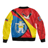 Unisex bomber jacket back view, red yellow blue graphic with zip and black hem