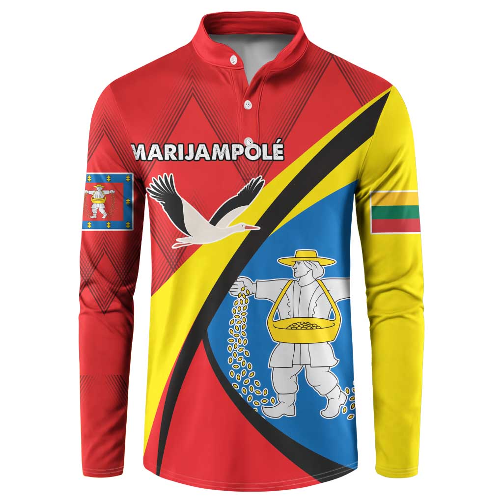 Red button sweatshirt with long sleeves and emblem graphic front.