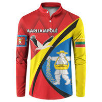 Red button sweatshirt with long sleeves and emblem graphic front.