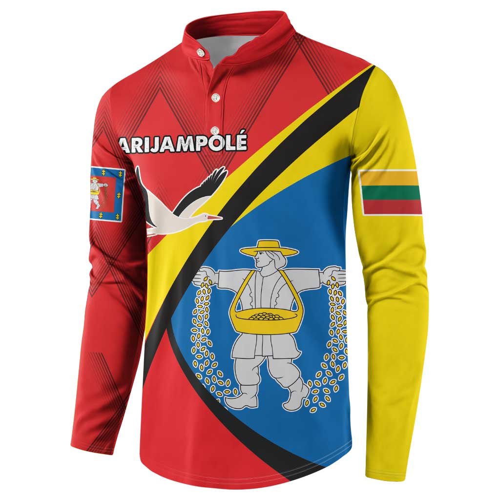 Red button sweatshirt with long sleeves, crest patch and emblem graphic front.