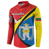 Red button sweatshirt with long sleeves, crest patch and emblem graphic front.