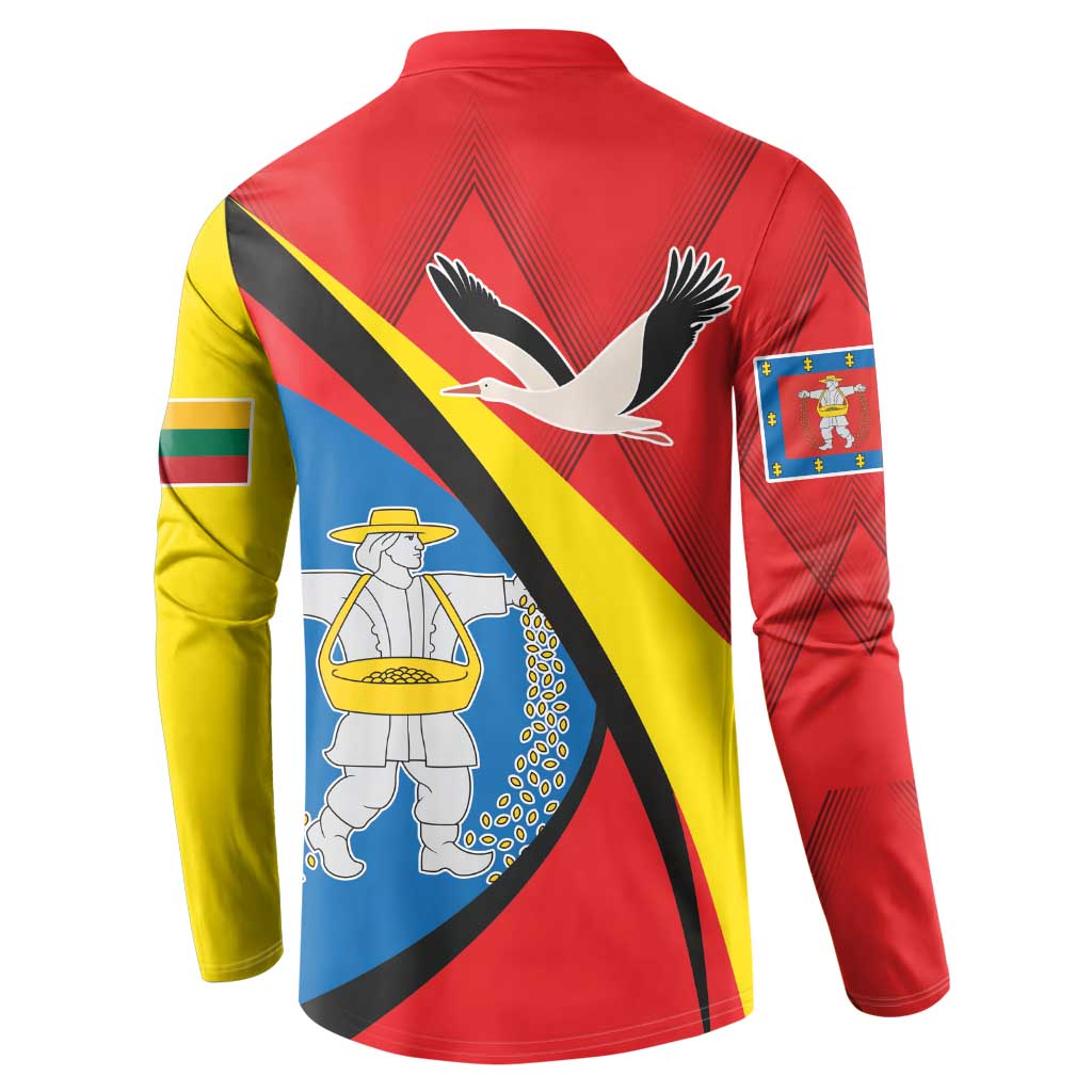 Red button sweatshirt back with large bird-and-crest graphic, long sleeves.
