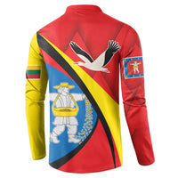 Red button sweatshirt back with large bird-and-crest graphic, long sleeves.