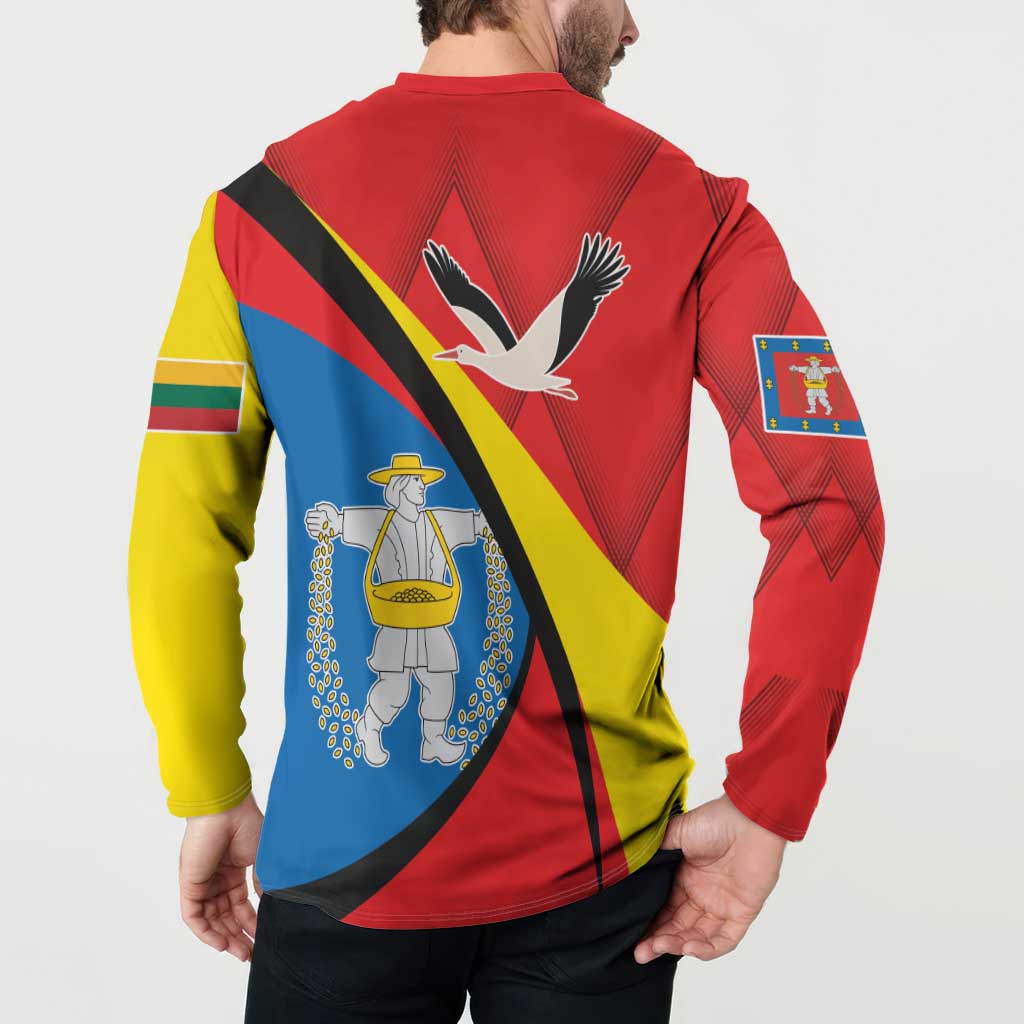 Red button sweatshirt back print with bird graphic and crest patch, long sleeves.