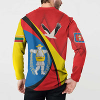 Red button sweatshirt back print with bird graphic and crest patch, long sleeves.