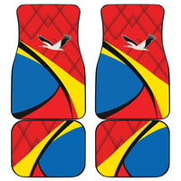Red car floor mat set of four with quilted diamond pattern, eagle and blue-yellow swirls
