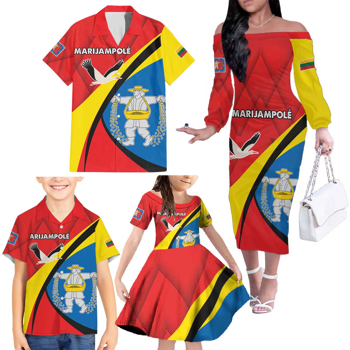 Lithuania Marijampole County Family Matching Off The Shoulder Long Sleeve Dress and Hawaiian Shirt Marijampoles apskritis