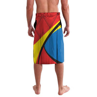 Red wrap-style lava lava skirt with elastic waistband and multicolor geometric panel design