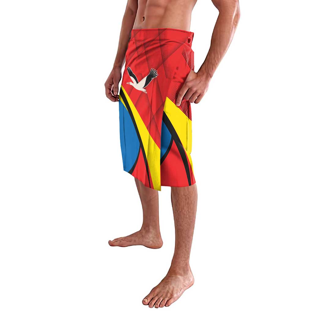 Red wrap-style lava lava skirt with bird motif and bold yellow, blue, and red panels