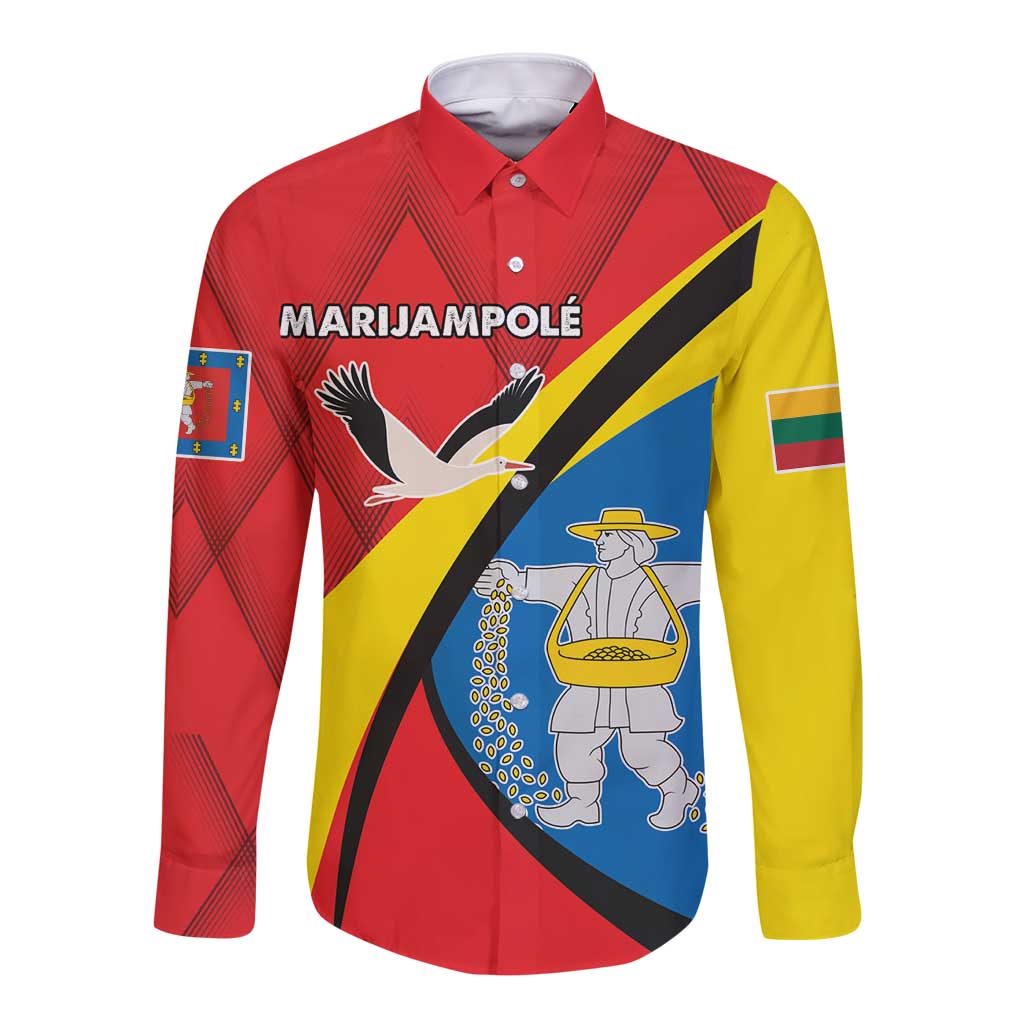 Red long-sleeve button shirt with graphic crest and diagonal stripe design.
