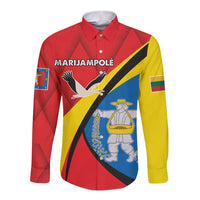 Red long-sleeve button shirt with graphic crest and diagonal stripe design.
