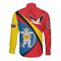 Red long-sleeve button shirt, back print with bird and diagonal stripe pattern.