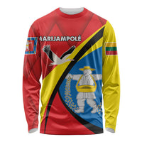Unisex long-sleeve shirt with red, yellow, blue full graphic and crew neck