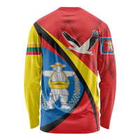 Unisex long-sleeve shirt, back graphic with red/yellow/blue bird and shield