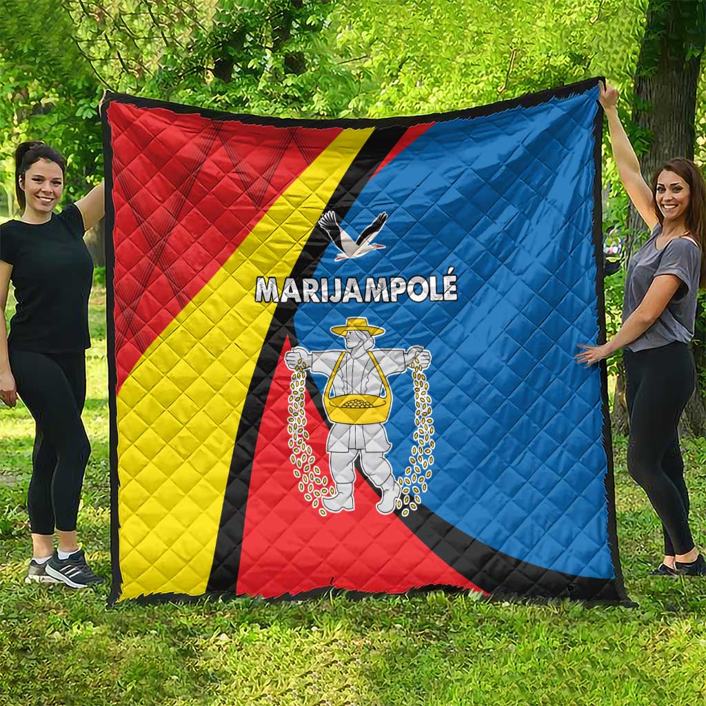 Quilt with Marijampole County flag design in red, blue and yellow