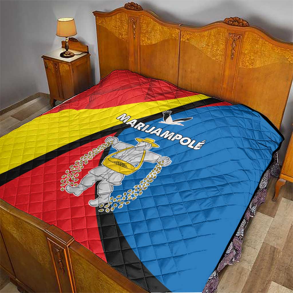 Marijampole County quilt with red, yellow, blue, and black crest design