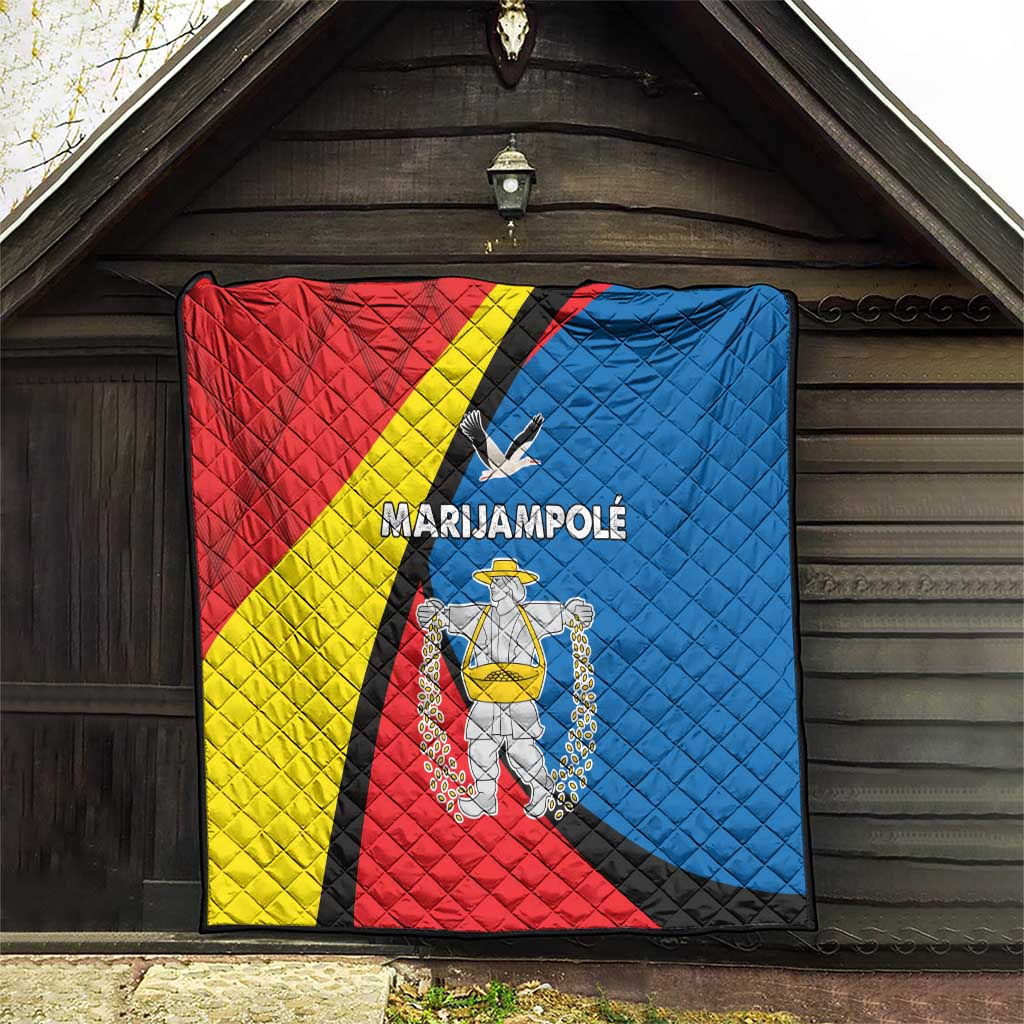 Marijampole County quilt with red, blue, yellow and black flag-style graphic