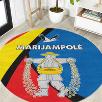 Round multicolor carpet rug with bold graphic and central statue illustration
