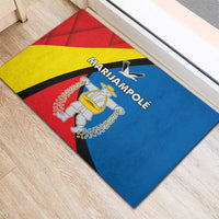 Blue rubber doormat with MARIJAMPOLE lettering and horseman crest in center