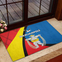Blue rubber doormat with MARIJAMPOLE crest and tricolor red yellow diagonal stripe