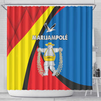 Marijampole County shower curtain with red, yellow, black, and blue crest design