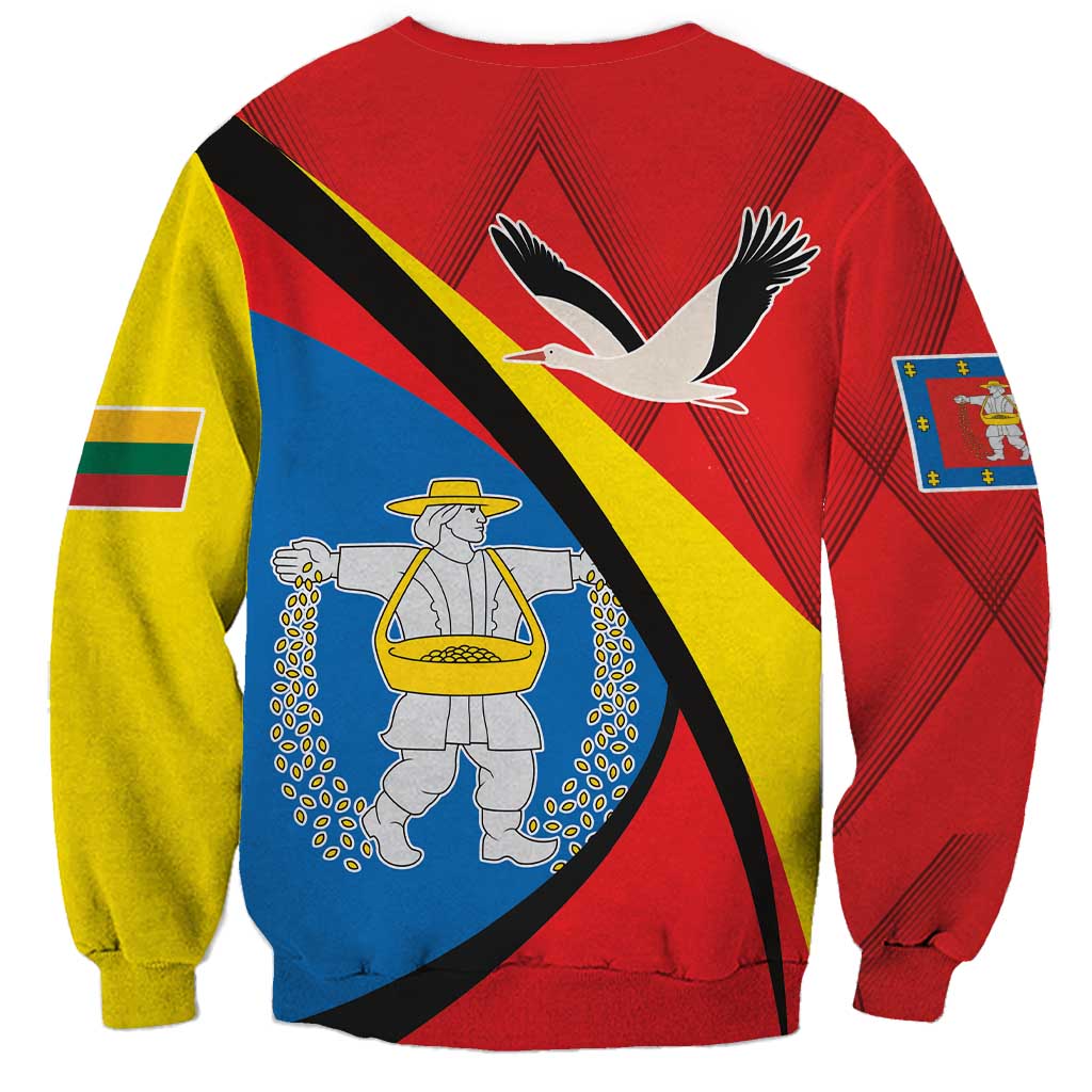Red unisex sweatshirt with bird graphic and diagonal stripe design on back