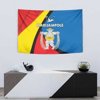 Marijampole County wall tapestry with red, yellow, blue, and black heraldic design