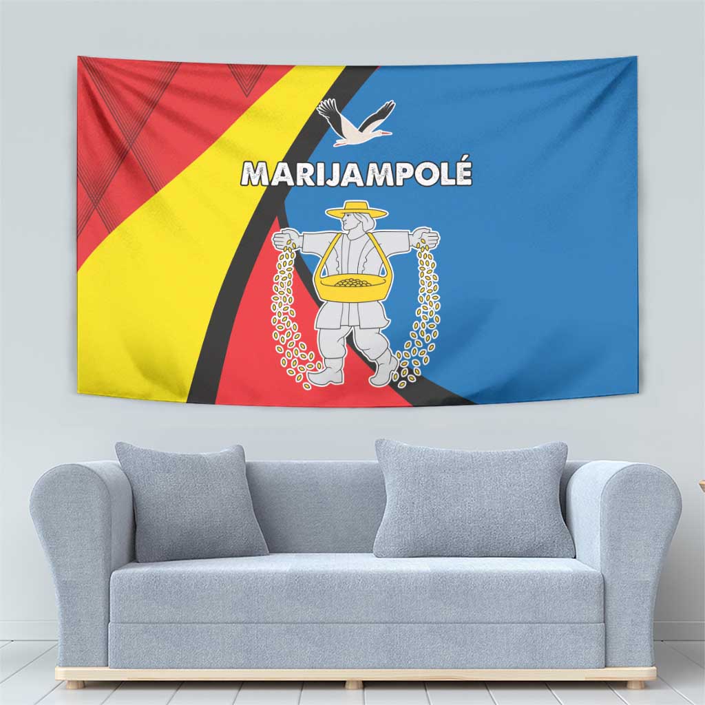 Marijampole County tapestry with red, yellow, and blue crest design and white bird