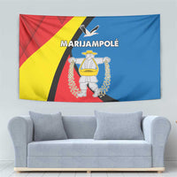 Marijampole County tapestry with red, yellow, and blue crest design and white bird