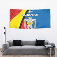 Marijampole County tapestry with red, yellow, and blue crest