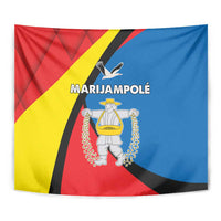 Marijampole tapestry with coat of arms in red, yellow, black, and blue