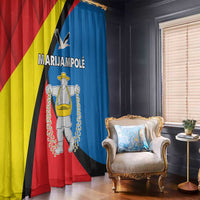 Hanging window curtain panel with blue field and red yellow black crest graphic