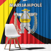 Printed window curtain fabric with MARIJAMPOLE text and central crest illustration
