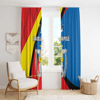 Window curtains hanging from top with red and blue panels featuring crest illustration
