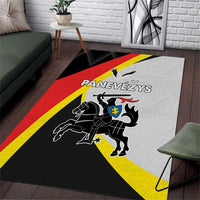 Black area rug with red and yellow flag stripes and crest graphic