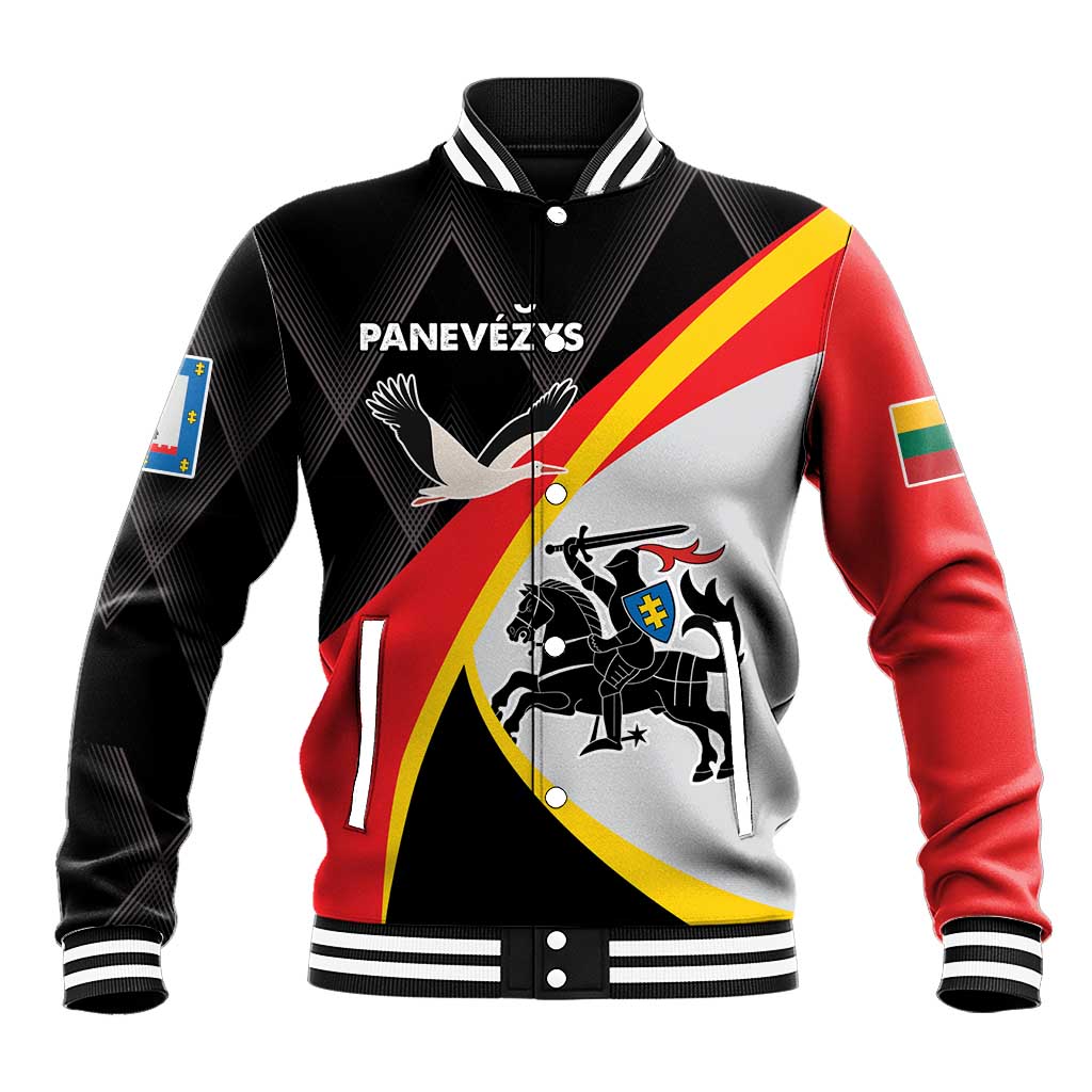 Black unisex baseball jacket with button front, ribbed trim, diagonal red/yellow/white design