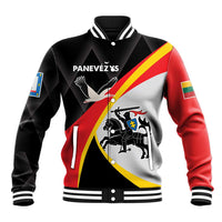 Black unisex baseball jacket with button front, ribbed trim, diagonal red/yellow/white design