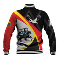 Black unisex baseball jacket with ribbed collar, striped red/yellow diagonal back graphic