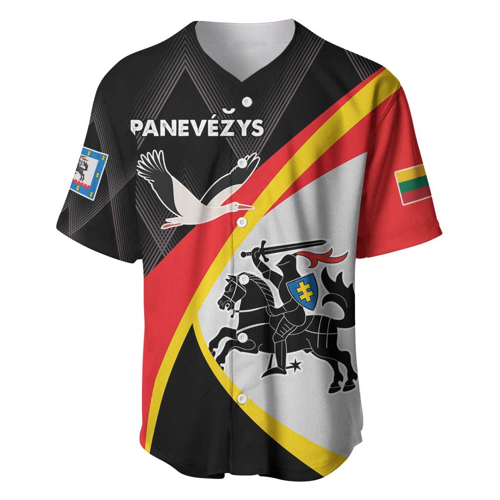 Black baseball jersey with red-yellow diagonal stripe, V-neck buttons, bird and crest print