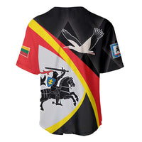 Black baseball jersey with red-yellow diagonal stripe, bird crest graphic, V-neck