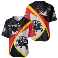 Black baseball jersey showing front and back, red-yellow diagonal stripe with bird crest