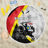 Round beach blanket with fringed edge, white with red/yellow/black emblem graphic