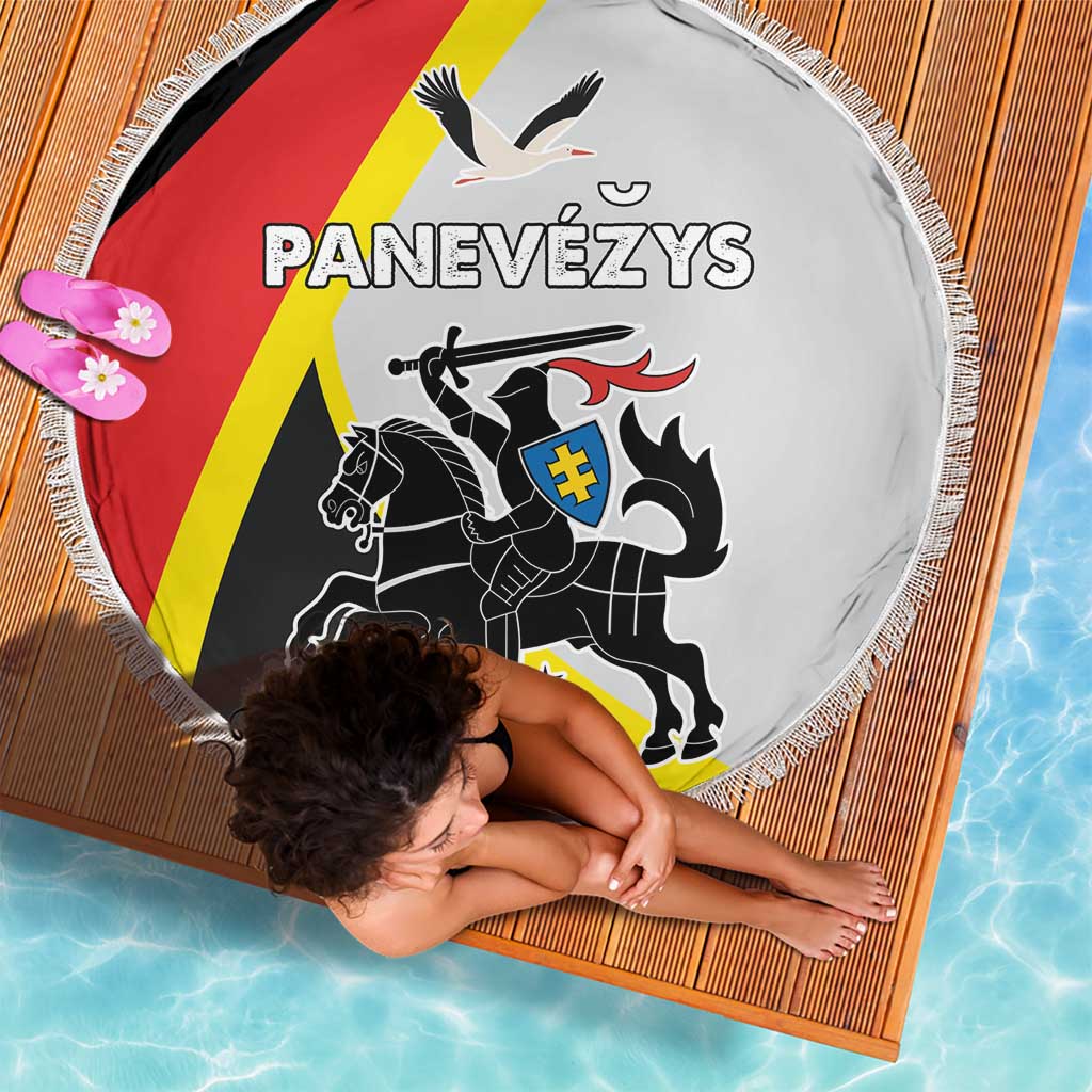 Round beach blanket with fringed edge, white background with red and yellow graphic