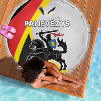 Round beach blanket with fringed edge, white background with red and yellow graphic