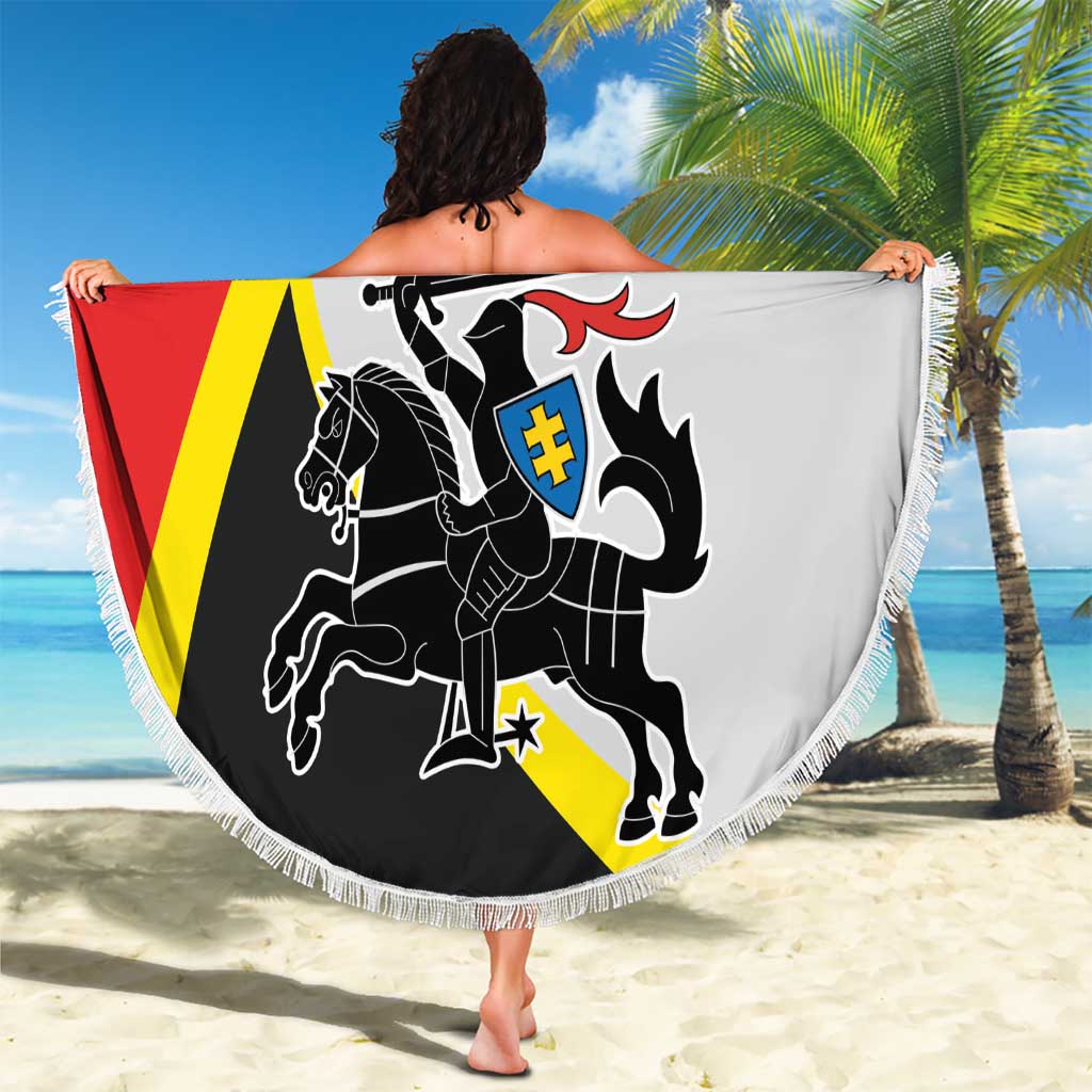 Round beach blanket with fringed edge, red and yellow diagonal stripes with black crest
