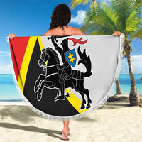 Round beach blanket with fringed edge, red and yellow diagonal stripes with black crest